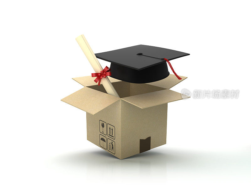 纸板盒与毕业帽在木地板- 3D渲染